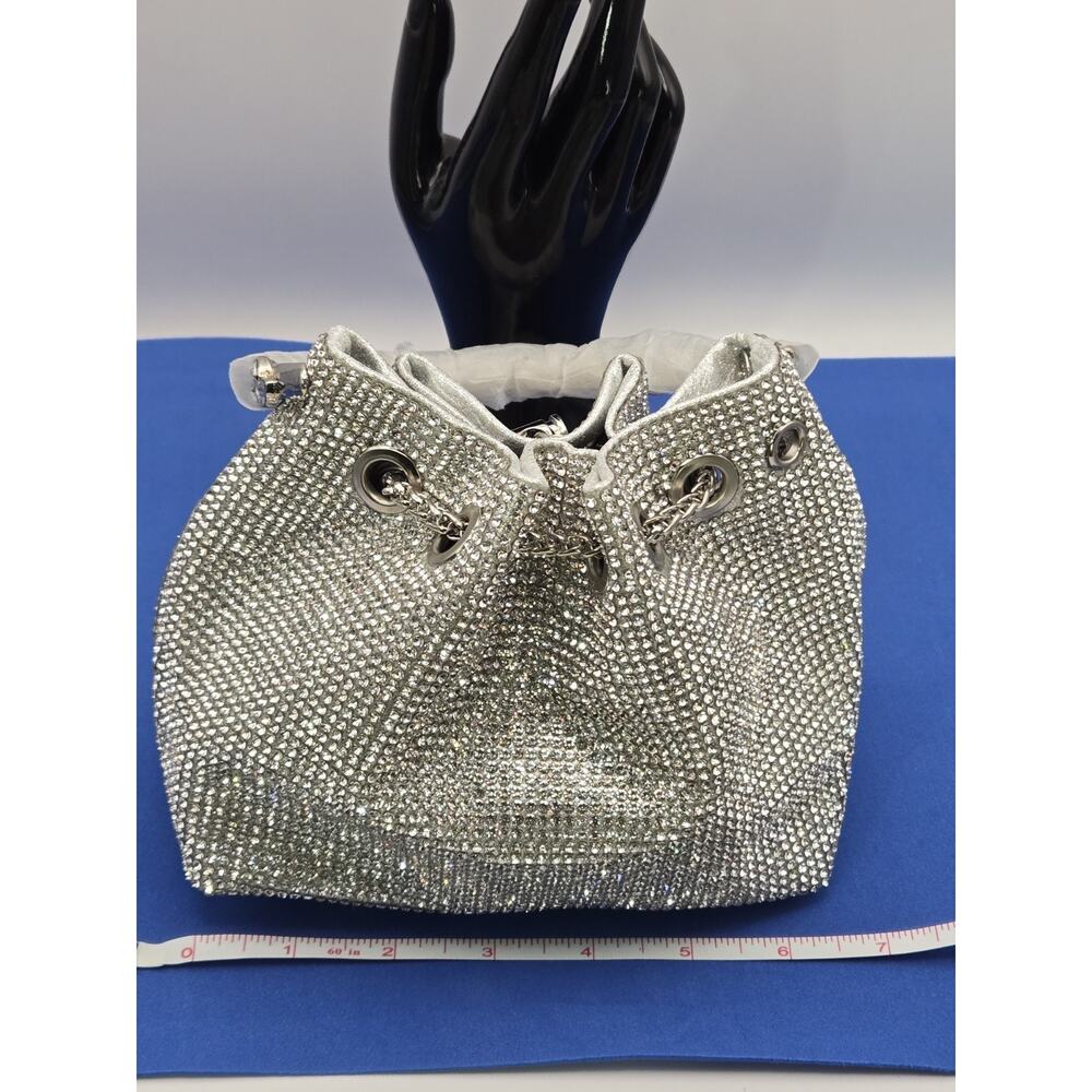 Silver Rhinestone Crystal Bucket Bag Purse w/ Chain Strap & Top Handle – New - Picture 8 of 9